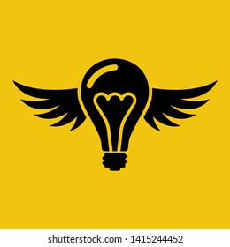 Flying idea black silhouette. Creative pictogram light bulb with wings. The symbol of elusive ingenuity. Vector illustration flat design. Isolated on white background. Cartoon style.