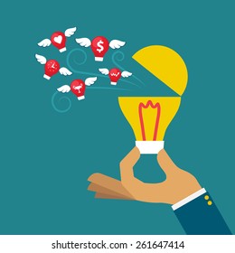 Flying Idea distribute from opening light bulb. Vector illustration for free your mind, discharge, or dissemination of knowledge concept.
