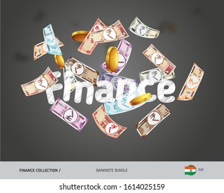 Flying Indian Rupee banknotes set and coins. Isolated on background. Cash of different nominal value. Vector illustration on the topic of finance.