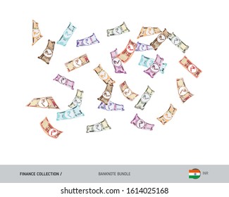 Flying Indian Rupee banknotes set. Isolated on background. Cash of different nominal value. Vector illustration on the topic of finance.