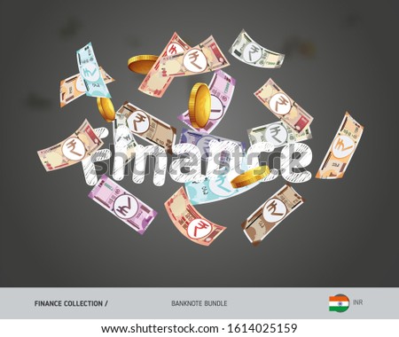 Flying Indian Rupee banknotes set and coins. Isolated on background. Cash of different nominal value. Vector illustration on the topic of finance.
