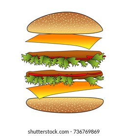 Flying ingredients Hamburger beef and vegetable, cheese. Vector on white background.