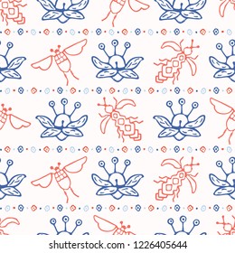 Flying Insect Bugs Seamless Vector Pattern. Scandi Folk Flowers with Bee and Beetle. Hand Drawn Scandi Nature Illustration for Pretty Fashion Prints, Garden Pollination Packaging, Animal Paper Goods.