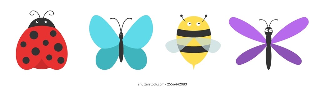 Flying insect icon line set. Dragonfly, Bee bumblebee, Ladybug, Butterfly, lady bug ladybird. Cute cartoon kawaii funny baby character. Happy Valentines Day. Flat design. White background. Vector