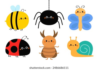 Symbol für fliegendes Insekt. Schmetterling, Bienen Hummel, Marienkäfer Marienkäfer, Käfer, Spinnen Web, Schnecke Cochlea. Nette Cartoon Kawaii lustige Baby-Figur. Valentinstag. Flaches Design. Weißer Hintergrund. Vektorgrafik