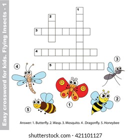 Flying insects crossword for children. Task and answer. Colorful version.