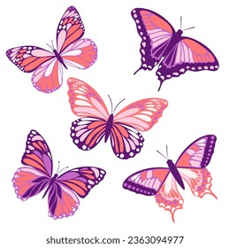 Flying insects, monarch butterfly, creative vintage fill for various designs. A set of pink and purple butterflies isolated on a white background in flat style.