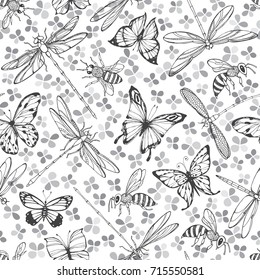 Flying insects. Seamless pattern with butterflies, dragonflies and bees on a floral background. Monochrome vector illustration.
