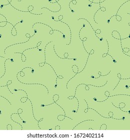 Flying insects seamless vector pattern on green background. Flies surface print design. Bugs illustration.