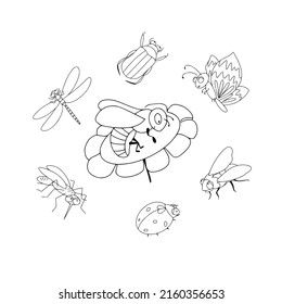Se ponen insectos voladores. Mariposa, mosca, mosquito, abeja, escarabajo, libélula y ladybug ilustraciones vectoriales en estilo dibujado a mano en blanco y negro