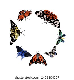 Composición redonda de especies de insectos voladores. Diferentes mariposas, polillas. Monarca, machaon, cola de toro, alabanza reina. Fauna exótica. Ilustraciones de vectores dibujadas a mano en blanco