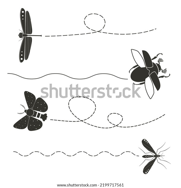 Flying insects with their routes set. Beetle, moth,\
butterfly, mosquito, dragonfly, cockchafer. Decorative flat vector\
illustrations set