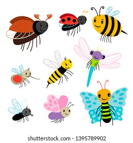 Flying Insects Vector Collection - Cartoon Bee, Butterfly, Lady Bug, Dragonfly Isolated On White Background. Insect Fly, Dragonfly And Bee Illustration