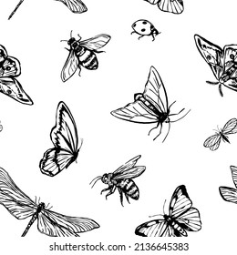 Vector de insectos voladores sin fisuras. Ilustración de escarabajos, mariposas, libélulas, polillas, albóndigas, abejas. Un adorno de estilo retro para el fondo del diseño, la decoración y el papel pintado.