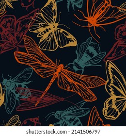 Flying insects vector seamless pattern. Illustration of butterflies, dragonflies, moths, bees. Retro style ornament for design background, decor, wallpaper.