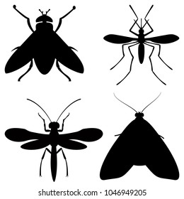 Flying insects, winged pests, air parasites (vector, black contour, white isolated background)