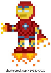 Flying iron man, robot in red metal suit. Pixelated cartoon character in jet boots with fire