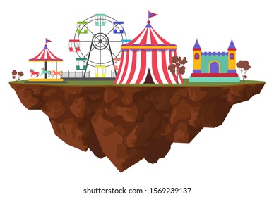 Flying island with an amusement park. Vector stock illustration. Isolated on a white background.