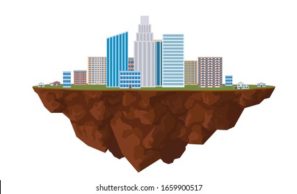 Flying island with a city. Vector illustration. Isolated on a white background.