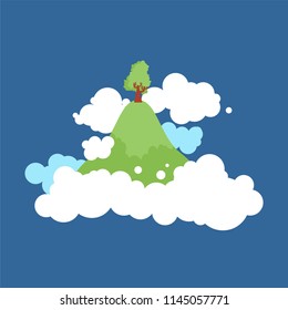 Flying Island in clouds in sky. Vector illustration