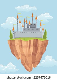 Flying island fairy tale castle. Cartoon fantasy palace with towers, vector medieval fort or fortress. Fairy tale kingdom house building in sky