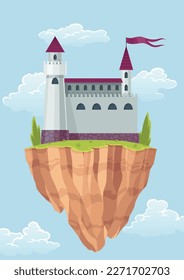 Flying island fairy tale castle. Cartoon fantasy palace with towers, vector medieval fort or fortress. Fairy tale kingdom house building in sky
