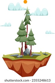 Flying island, fir tree, clouds, cartoon, stones