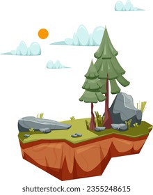 Flying island, fir tree, clouds, cartoon, stones