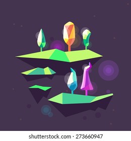 Flying island with gems-trees. Stock vector illustration