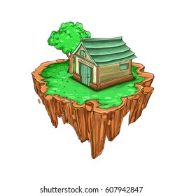 Flying island with grass and house, tree, vector backdrop element