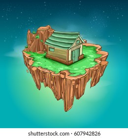 Flying island with grass and house, vector backdrop element