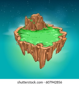 Flying island with grass and stone, vector backdrop element