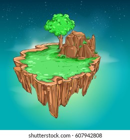 Flying island with grass and tree, vector backdrop element