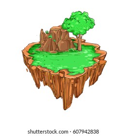 Flying island with grass and tree, vector backdrop element
