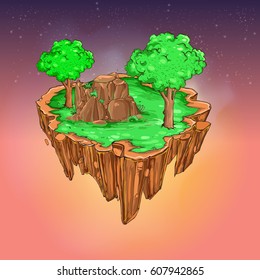 Flying island with grass and tree, vector backdrop element