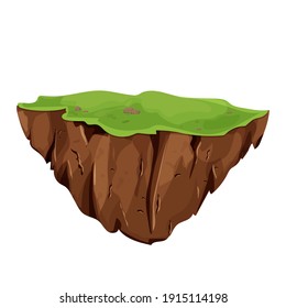 Flying Island with ground and grass isolated on white background, detailed in cartoon style. Ui game assets, background for location, element. Fantasy piece of earth.