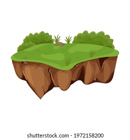  Flying Island with ground and grass isolated on white background, detailed in cartoon style. Ui game assets, background for location, element. Fantasy piece of earth.