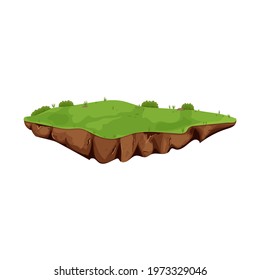  Flying Island with ground and grass isolated on white background, detailed in cartoon style. Ui game assets, background for location, element. Fantasy piece of earth.