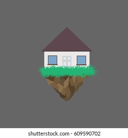 Flying island with house and grass, vector backdrop element