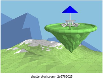 Flying island with picnic table. Vector illustration of a low-polygonal style.