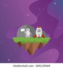 Flying island with a rocket and an astronaut. conquest of space