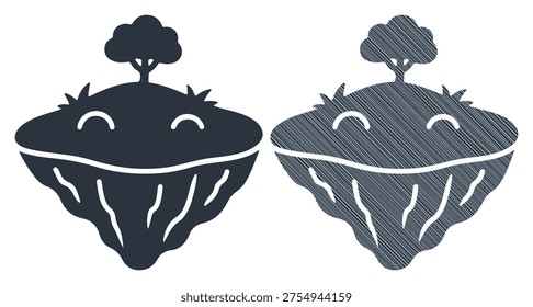 Flying island with tree and grass symbol isolated with solid color and hatch texture