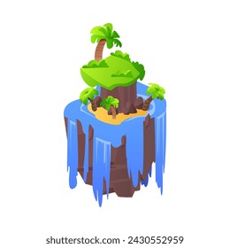 Flying island with tropical trees and waterfall flat style, vector illustration isolated on white background. Decorative design element, floating land, online game platform