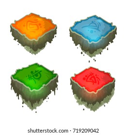 Flying islands with lightning runes, steps, boxes and chunk of road, vector illustration isolated on white background, set of objects