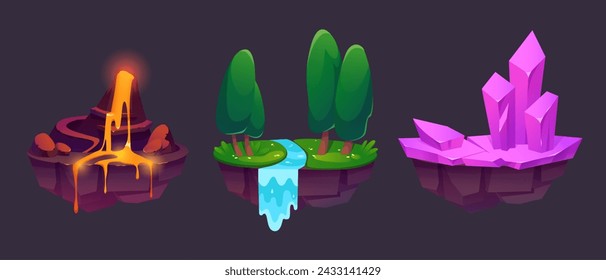 Flying islands set isolated on black background. Vector cartoon illustration of floating game platforms with volcano eruption, summer park with trees and river, pink mineral crystals, game design