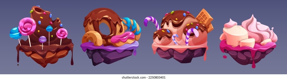 Flying islands of sweet land with candies, chocolate volcano, cake, ice cream, lollipops, donut and marshmallow. Game platforms, floating islands with desserts, vector cartoon set