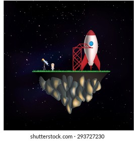 Flying isle with rocket and astronaut
