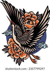  flying japanese cranes with flowers and red sun. Tattoo vector illustration , old school design 