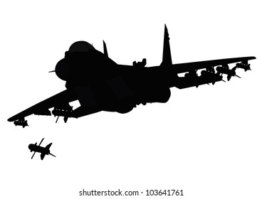 Flying jet fighter firing missile. Vector silhouette. Separate layers