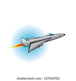 Flying jet fighter with missile. Vector illustration of war plane in sky